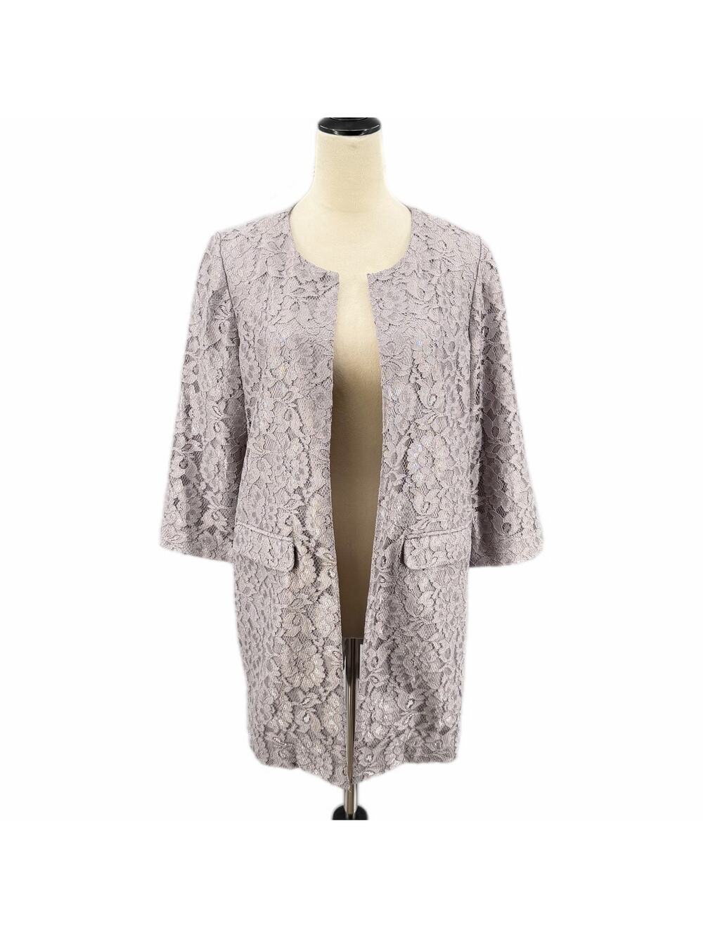 Chico’s NEW Covert Gray Metallic Long Open Front Floral Lace 3/4 Sleeve Jacket